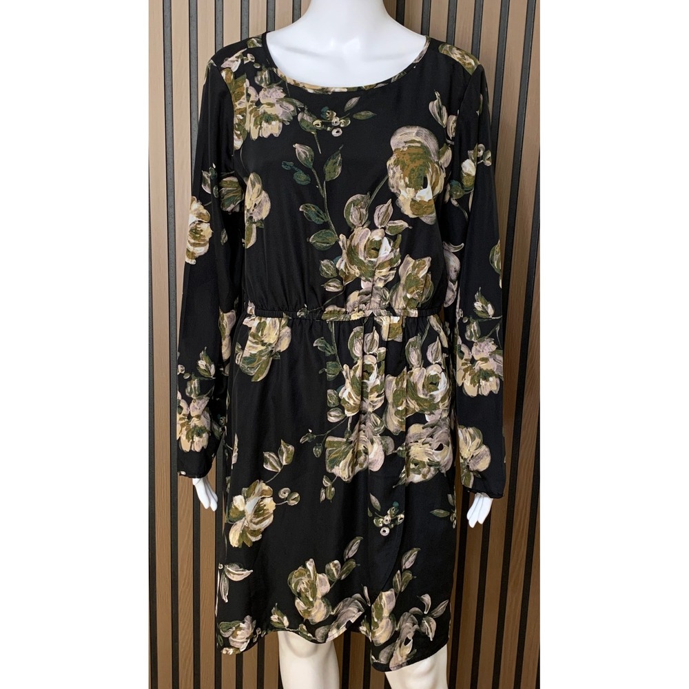 J.Crew Women's Floral Long Sleeve Elastic Waist Mini Dress Black Green Size 12
